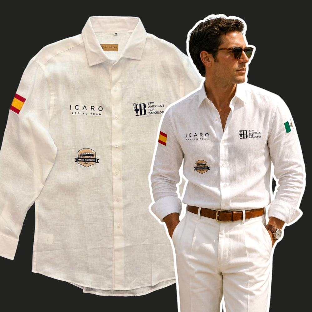 Icaro Racing Team White Button Up Shirt Mens Size Medium Linen 37th Americas Cup